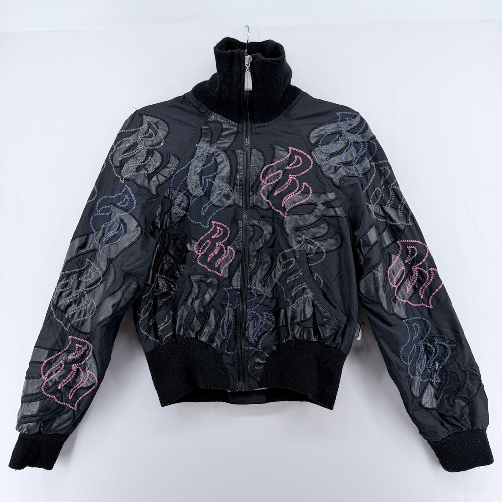 Rocawear Womens Black Y2K Bomber Jacket Faux Leather Applique Logo Medium